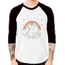 Camiseta Raglan Unicórnio Arco Íris Manga 3/4 - Foca na Moda