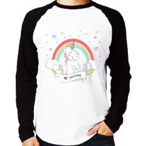 Camiseta Raglan Unicórnio Arco Íris Manga Longa - Foca na Moda