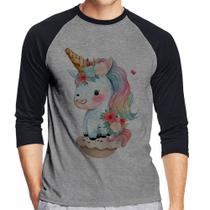 Camiseta Raglan Unicórnio Bebê Manga 3/4 - Foca na Moda