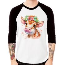 Camiseta Raglan Vaquinha E Flores Manga 3/4 - Foca na Moda Camiseta Raglan Vaquinha E Flores Manga 3/4 - Foca na Moda