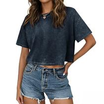 Camiseta recortada KEEVICI Vintage Baggy Acid Wash Algodão Feminina Camiseta recortada KEEVICI Vintage Baggy Acid Wash Algodão Feminina