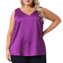 Camiseta regata Agnes Orinda Plus Size, seda, cetim, decote em V, roxa, 1X