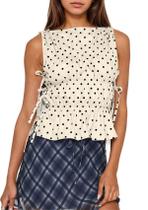 Camiseta regata calbática feminina de bolinhas, sem mangas, peplum, damasco Camiseta regata calbática feminina de bolinhas, sem mangas, peplum, damasco
