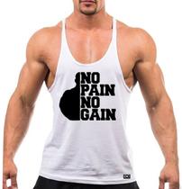 Camiseta Regata Cavada Masculina Machão Treino Academia Fitness No Pain No Gain Motivação