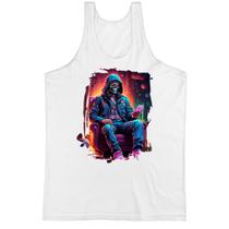Camiseta Regata Caveira neon no sofa