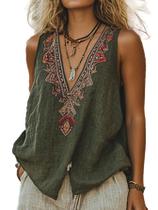Camiseta regata Chvity Mexican Bordada Floral para mulheres de linho