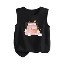 Camiseta Regata De Algodão Para Meninas Com Estampa De Coelho Kawaii E Leite De Pêssego, Camiseta