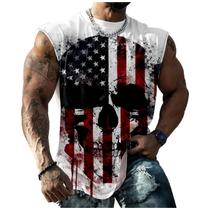 Camiseta regata domirica American Flag Skull Print para homens Camiseta regata domirica American Flag Skull Print para homens