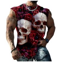 Camiseta regata Domirica Skull com rosa com estampa 3D para homens, tamanho 2GG Camiseta regata Domirica Skull com rosa com estampa 3D para homens, tamanho 2GG