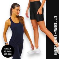 Camiseta Regata Dry Fit MALHA FRIA POLIAMIDA + Short Leg Legging COM BOLSOS Conjunto Fitness 552