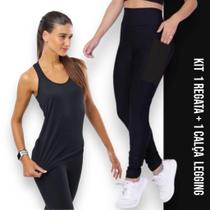 Camiseta REGATA DRY FIT Tecido Furadinho + Calça LEG LEGGING BOLSOS Conjunto Fitness Feminino 632
