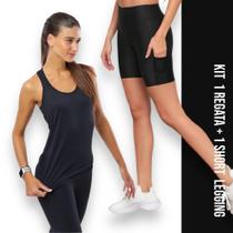 Camiseta REGATA DRY FIT Tecido Furadinho + Short Leg Legging COM BOLSOS Conjunto Fitness 634