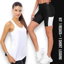 Camiseta REGATA DRY FIT Tecido Furadinho + Short Leg Legging COM BOLSOS Conjunto Fitness 634