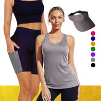 Camiseta REGATA DRY Tecido Furadinho + SHORT Legging COM BOLSOS + VISEIRA DRY Conjunto Fitness 1004