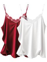 Camiseta regata Ekouaer Silk Satin, 2 peças de renda, cami, decote em V, branca e vinho tinto Camiseta regata Ekouaer Silk Satin, 2 peças de renda, cami, decote em V, branca e vinho tinto