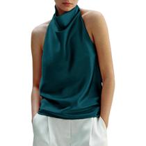 Camiseta regata feminina ABYOVRT, gola alta, seda acetinada, verde escuro