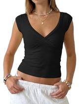 Camiseta regata feminina BAIGRAM com decote em V profundo, algodão preto
