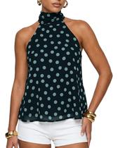 Camiseta regata feminina BAIGRAM de malha de bolinhas, frente única, sem encosto, azul escuro