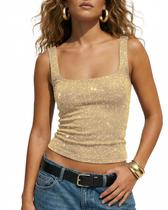 Camiseta regata feminina BAIGRAM Shimmer, gola quadrada, dourada do ano 2000