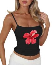 Camiseta regata feminina BAIGRAM Y2k, estampa floral, gola quadrada, preta Camiseta regata feminina BAIGRAM Y2k, estampa floral, gola quadrada, preta