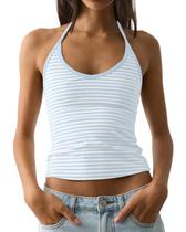 Camiseta regata feminina BAIGRAM Y2K listrada com alça espaguete azul branca