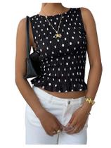 Camiseta regata feminina BEAUDRM com bolinhas, franzida, gola redonda, sem mangas