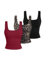 Camiseta regata feminina BEAUDRM, gola quadrada, sem mangas, leopardo franzido