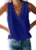 Camiseta regata feminina BLENCOT com acabamento em renda, decote em V, sem mangas, azul Camiseta regata feminina BLENCOT com acabamento em renda, decote em V, sem mangas, azul