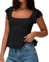 Camiseta regata feminina Cioatin fofa de renda Y2K Flowy Peplum preta