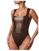 Camiseta regata feminina de couro PU Bodysuit WDIRARA marrom claro