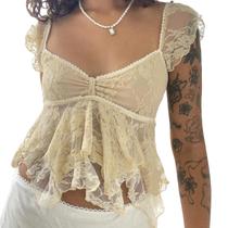Camiseta regata feminina de renda Usweetie, vintage, floral, transparente