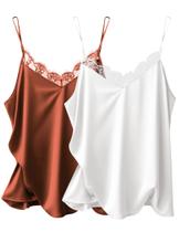 Camiseta regata feminina Ekouaer, seda acetinada, renda, decote em V, branca e caramelo S