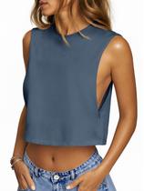 Camiseta regata feminina Fisoew, cortada, cortada, solta, azul, cinza Camiseta regata feminina Fisoew, cortada, cortada, solta, azul, cinza