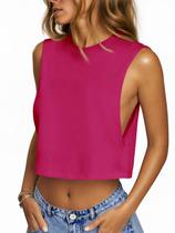 Camiseta regata feminina Fisoew, cortada, folgada, rosa vermelha Camiseta regata feminina Fisoew, cortada, folgada, rosa vermelha