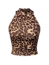 Camiseta regata feminina Floerns com estampa animal Halter Brown Leopard