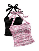 Camiseta regata feminina Floerns, pacote com 2 unidades, boho floral, frente única, preta e rosa Camiseta regata feminina Floerns, pacote com 2 unidades, boho floral, frente única, preta e rosa