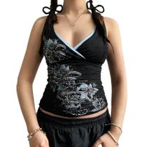 Camiseta regata feminina fofa com estampa floral Y2K Emo Grunge