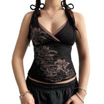 Camiseta regata feminina fofa com estampa floral Y2K Emo Grunge