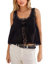 Camiseta regata feminina FUNTOUR com acabamento em renda, Beach Vacation, preta