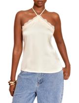 Camiseta regata feminina Giraropa com acabamento em renda, gola alta, seda e cetim