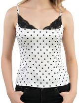 Camiseta regata feminina LILTWIST de bolinhas com acabamento em renda e alça espaguete