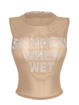 Camiseta regata feminina RoseSeek, tamanho grande, strass, letra cáqui