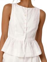 Camiseta regata feminina SKIKYAN, de linho, sem mangas, com botão peplum frontal Camiseta regata feminina SKIKYAN, de linho, sem mangas, com botão peplum frontal