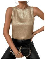 Camiseta regata feminina SOLY HUX com gola redonda metálica dourada Camiseta regata feminina SOLY HUX com gola redonda metálica dourada