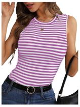 Camiseta regata feminina SOLY HUX listrada sem mangas com nervuras vermelha violeta