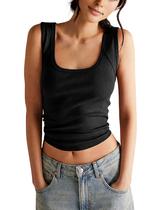 Camiseta regata feminina Springrain, sem mangas, canelada, preta, tamanho M