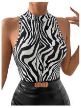 Camiseta regata feminina WDIRARA com listras zebra sem mangas preta 4GG Camiseta regata feminina WDIRARA com listras zebra sem mangas preta 4GG