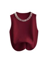 Camiseta regata feminina WDIRARA, com pérolas, gola redonda, cor de vinho
