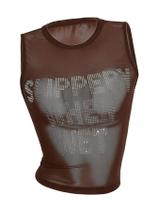 Camiseta regata feminina WDIRARA Sparkly Rhinestone Mesh Crop Coffee Camiseta regata feminina WDIRARA Sparkly Rhinestone Mesh Crop Coffee