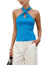 Camiseta regata feminina Yeokou Halter Cross Over, sem mangas, tricotada, azul Camiseta regata feminina Yeokou Halter Cross Over, sem mangas, tricotada, azul